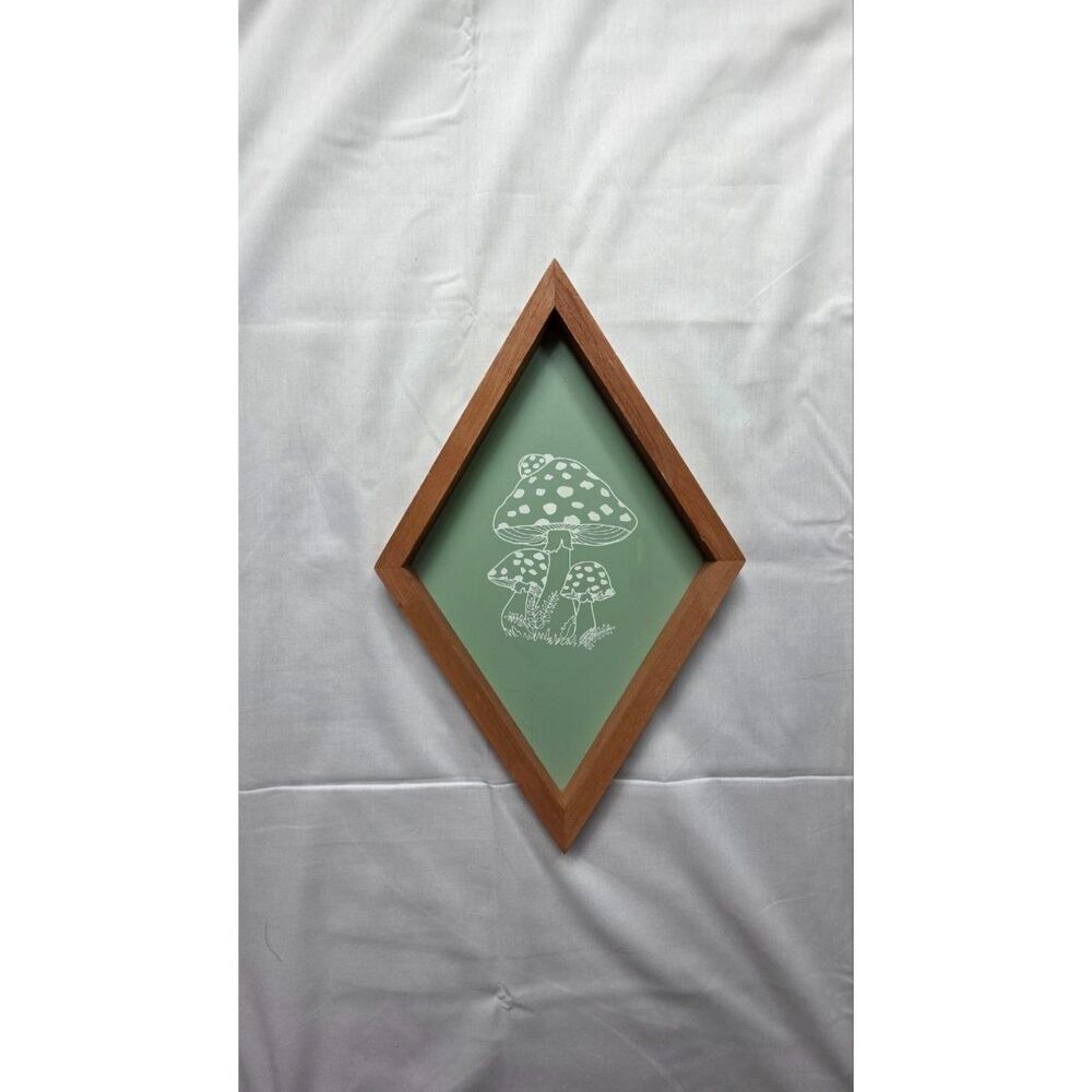 Lenkyin Mushroom Wall Decor 17x10.6 Green Wood Diamond Frame Cottagecore